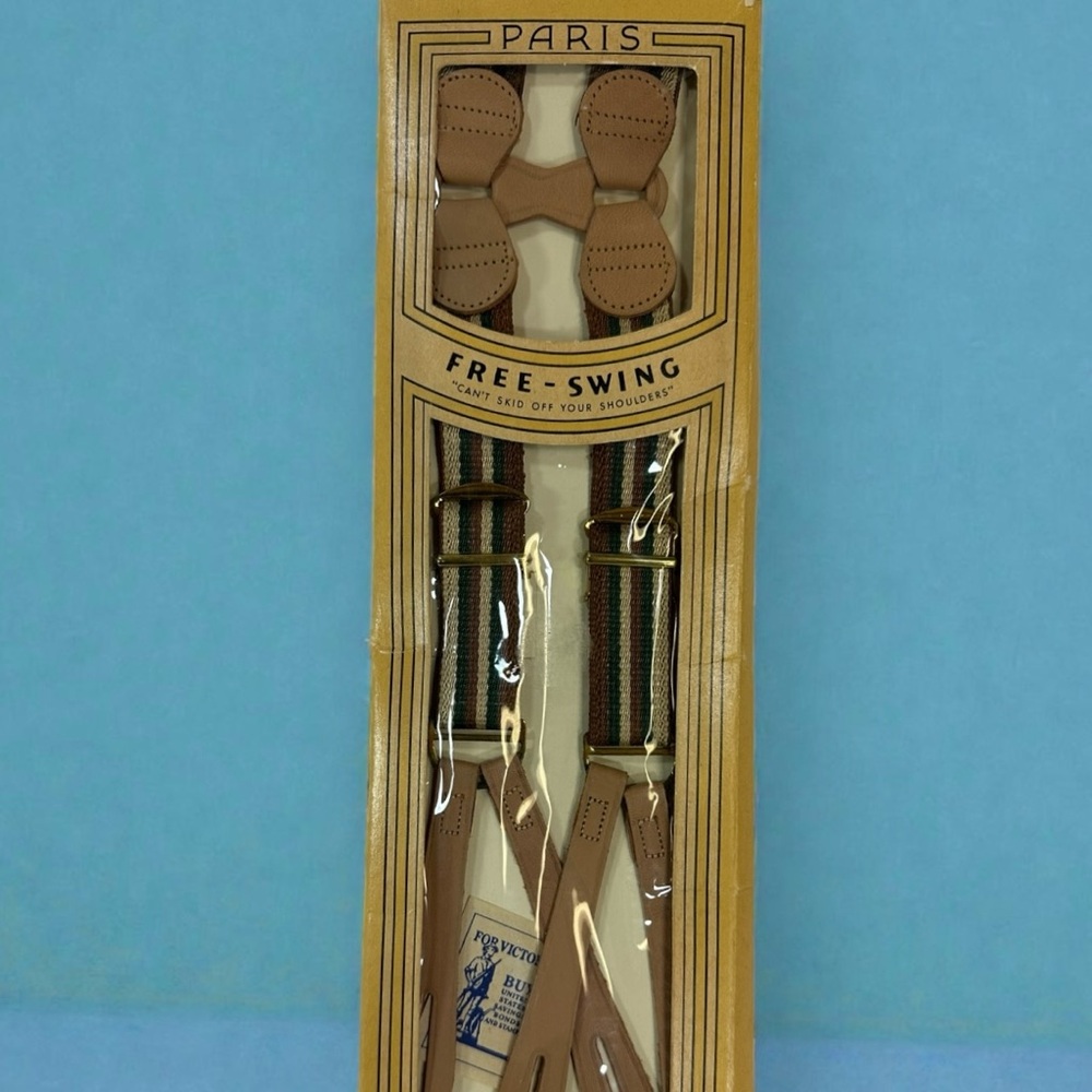 Vtg 40s WWII Paris Free-Swing Suspenders NOS Victory Bonds Stamps Package Insert